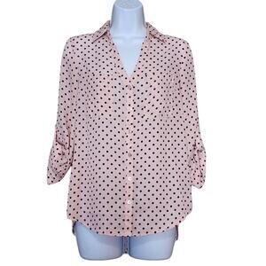 By & By Womens Blouse Size XS Pink Black Polka Dot Semi-Sheer Button Down Top